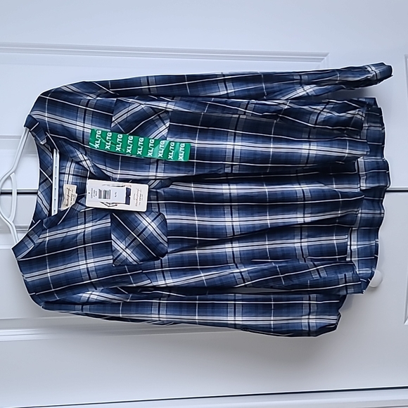 Blue Plaid v-neck high-low blouse, adjustable sleeves - Picture 1 of 5